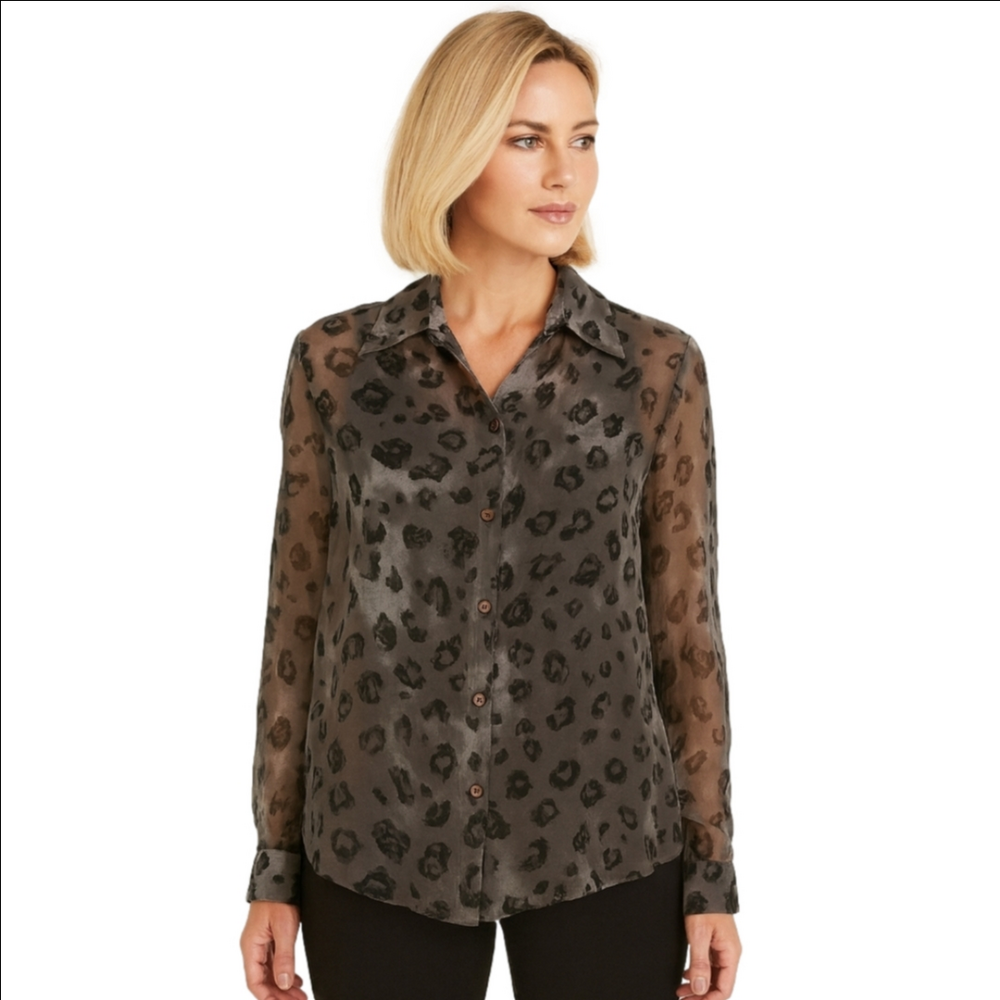 New York City Co. Silk Sheer Animal print Blouse,silk tank Black/ grey  Sz M